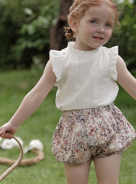 女童夏季套装2026新款复古女宝宝花苞裤碎花短裤洋气短袖两件套潮