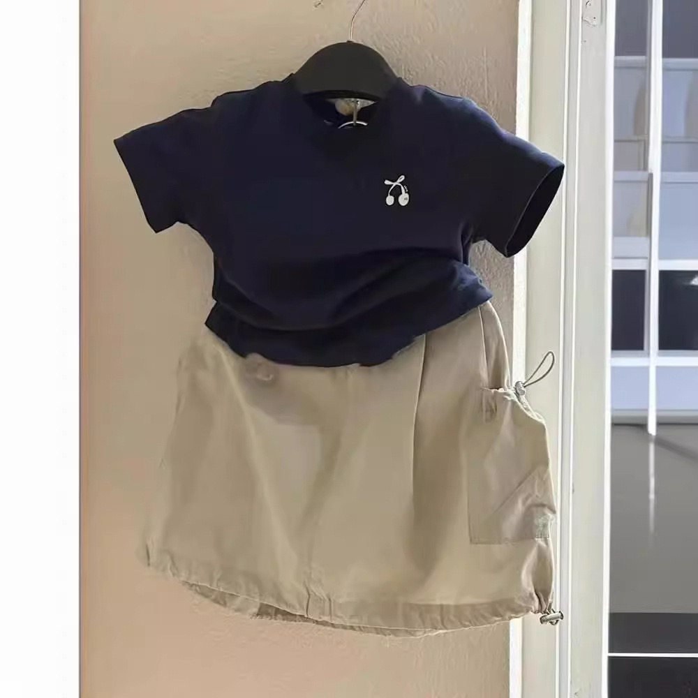 韩版童装运动套装夏季女童薄款T恤纯色百搭时髦短袖上衣半身短裙