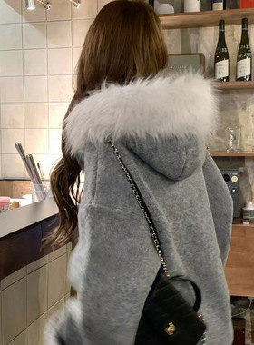 韩系慵懒风灰色毛领外套连帽针织开衫女秋冬季小个子宽松外搭