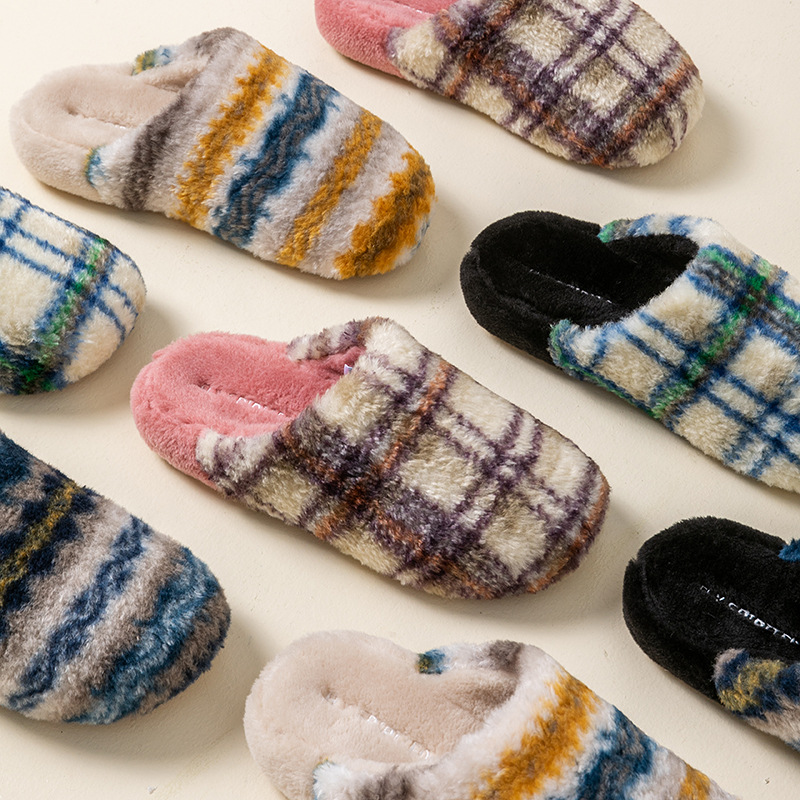 复古格纹棉拖鞋女士冬季2025新款室内家居保暖防滑情侣毛绒拖鞋男