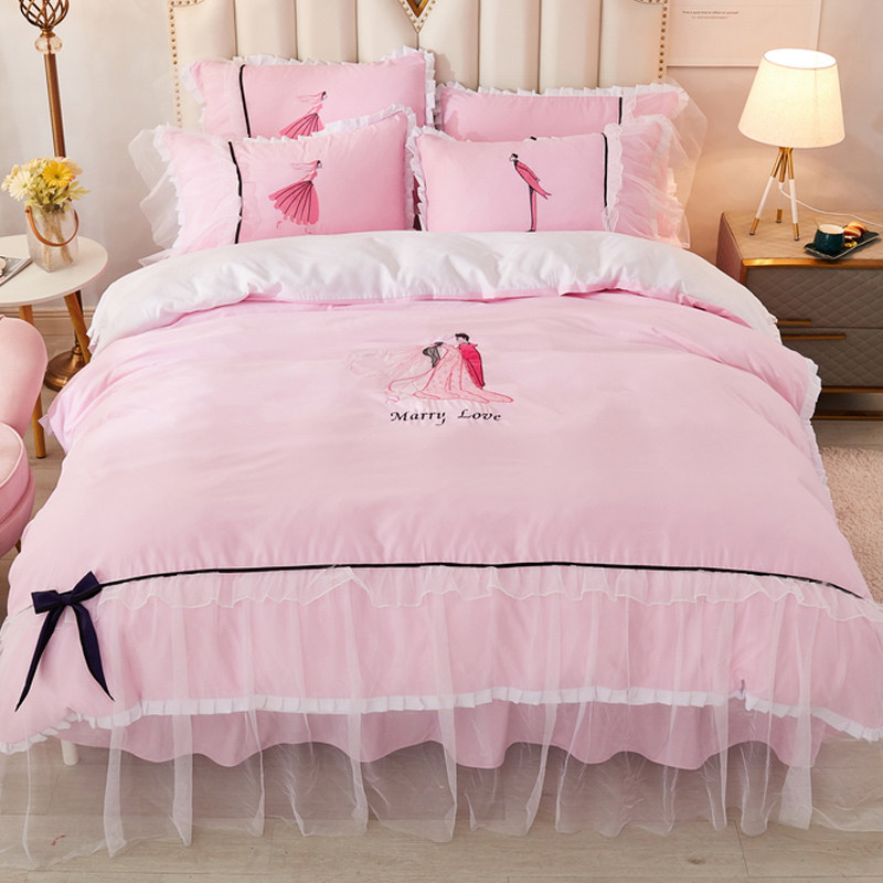 韩版公主风刺绣床裙款四件套少女粉小仙女蕾丝花边1.8米床上用品,床上用品,床品套件/四件套/多件套,淘宝优惠券,粉丝福利购,淘宝优惠卷