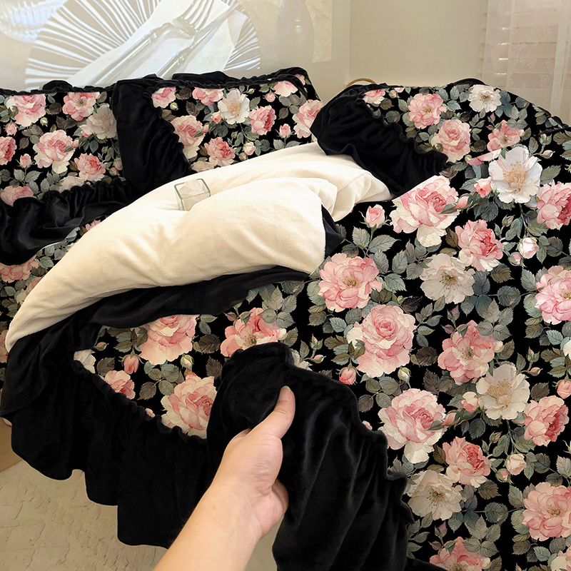 法式玫瑰花牛奶绒四件套加绒加厚保暖文艺黑色花边法莱珊瑚绒床品