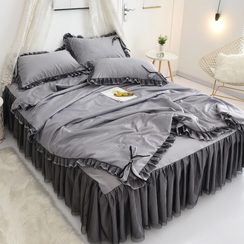 轻奢女神冰丝床裙床上三四件套夏季蝴蝶结蕾丝水洗棉真丝床单被套