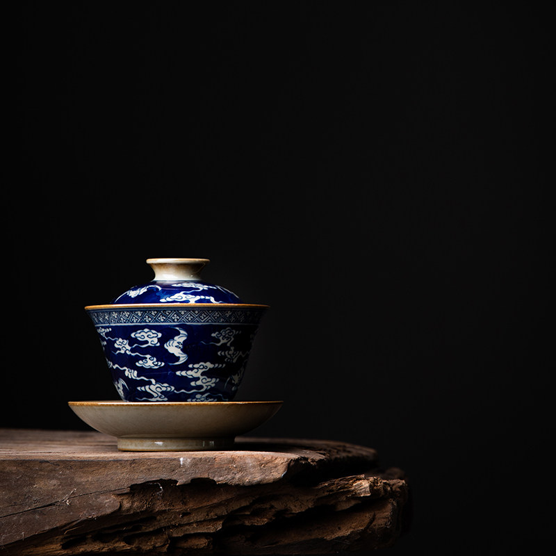 独清 福山寿海盖碗 景德镇纯手绘青花陶瓷单个茶杯功夫茶具泡茶碗