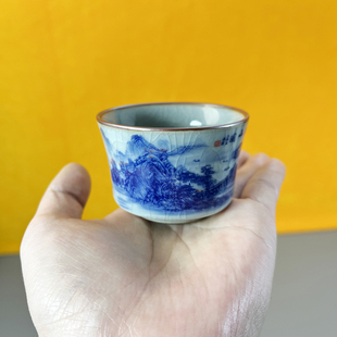 景德镇陶瓷客杯千里江山图茶具青花山水高温釉下彩老陶泥开片杯子