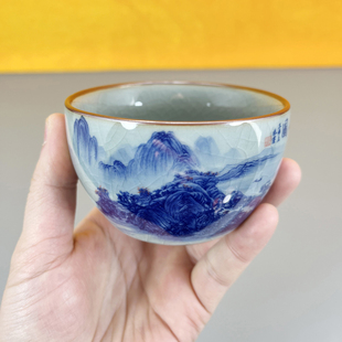 景德镇陶瓷主人杯千里江山图茶具青花山水釉下彩老陶泥开片茶杯子