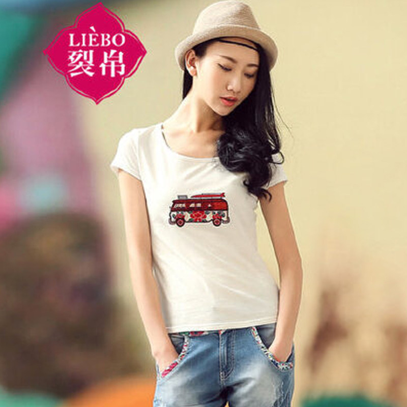 裂帛女装短袖t恤女修身2020新款潮流红色打底衫圆领半袖绣花上衣