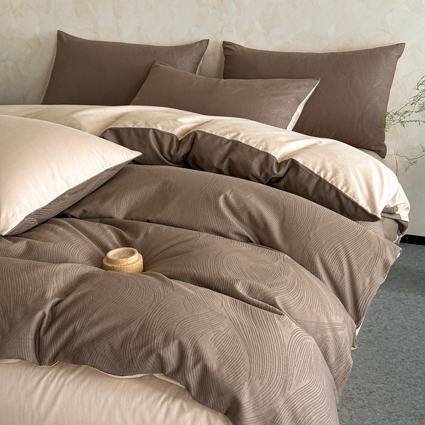 秋冬全棉磨毛提花法式双拼四件套轻奢风被套床单简约纯棉被罩纯色