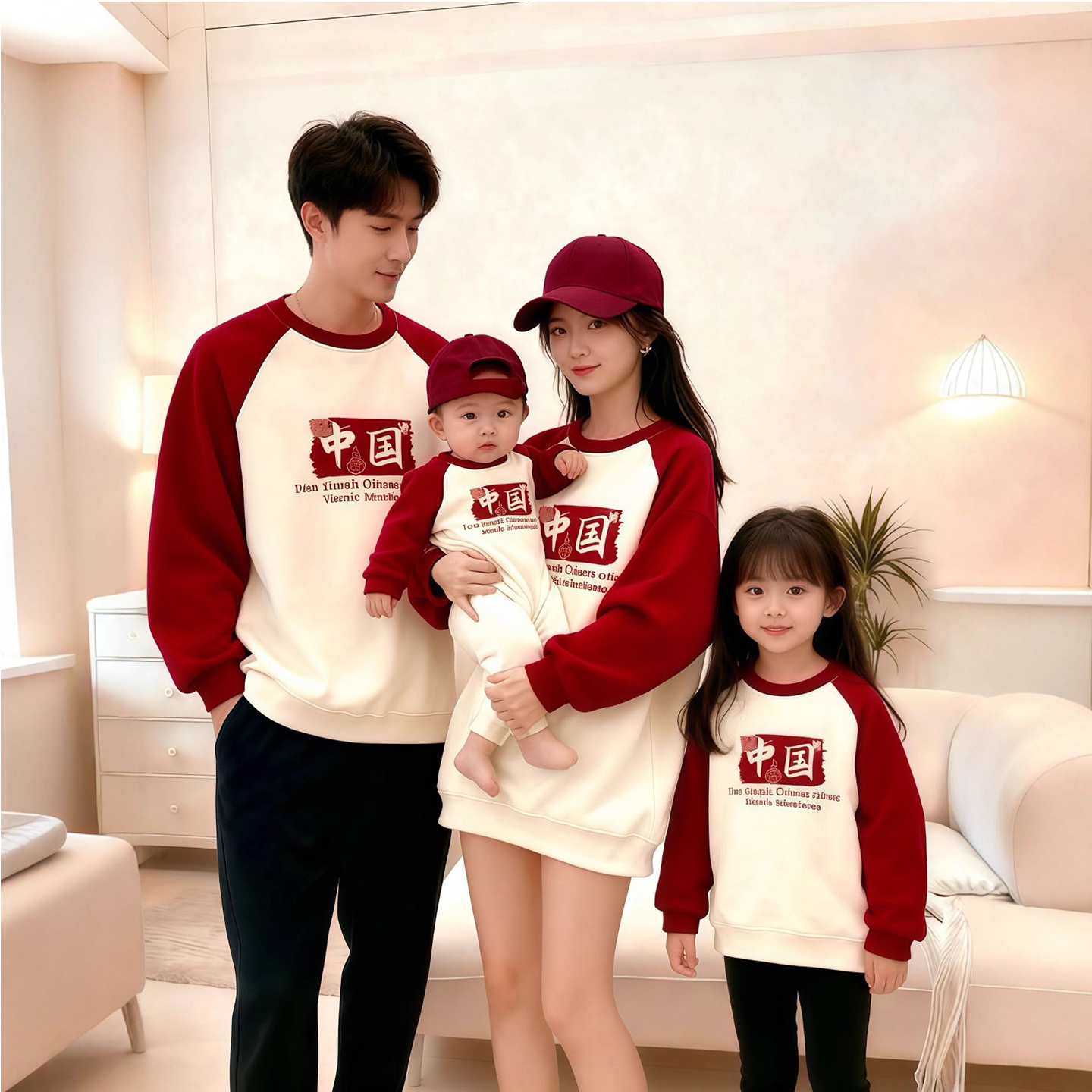 中国风亲子装一家三口加绒卫衣婴儿百天礼服秋冬幼儿园运动服母女