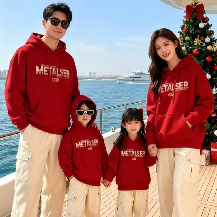 高级感婴儿母女亲子装一家三口过年宝宝周岁秋冬母子加绒连帽卫衣