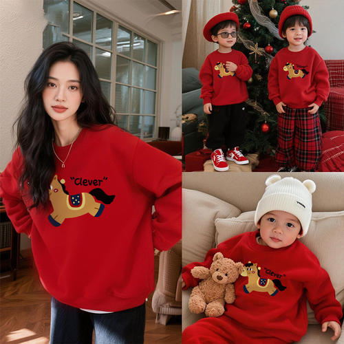 新年全家福亲子装一家三口秋冬2026马年婴儿百天拍照母女加绒卫衣