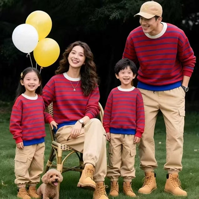 炸街亲子装秋冬毛衣一家三口婴儿周岁礼服红色条纹母女装针织衫潮