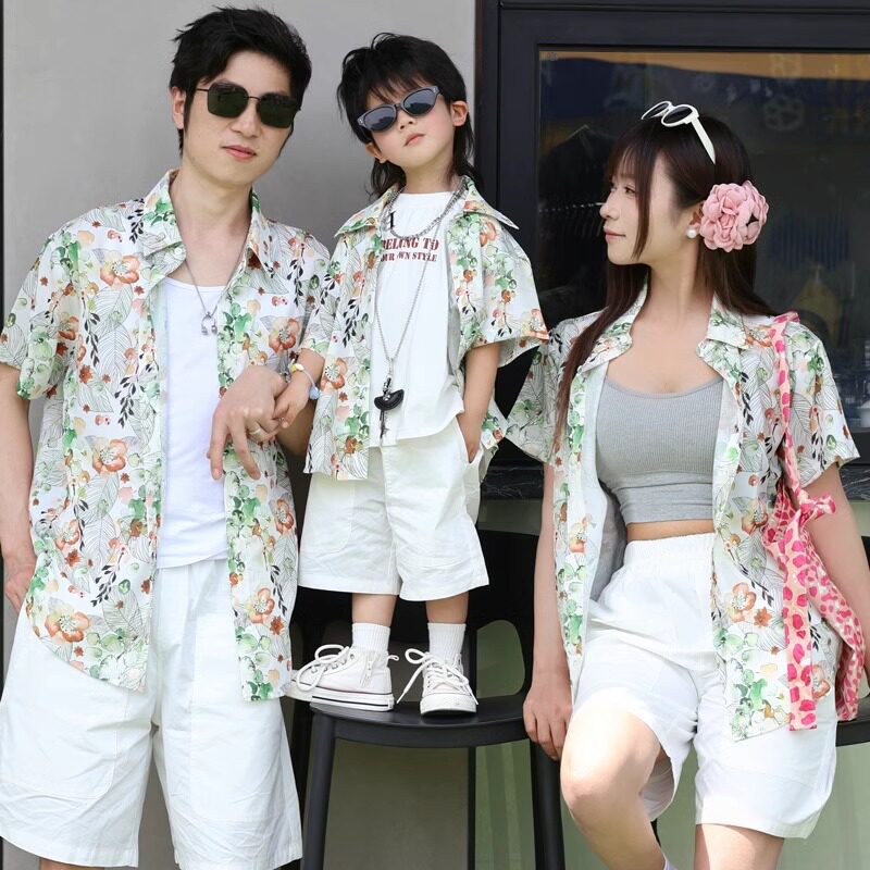 港风复古亲子装夏季短袖一家三四口2025新款休闲时尚衬衫洋气母女