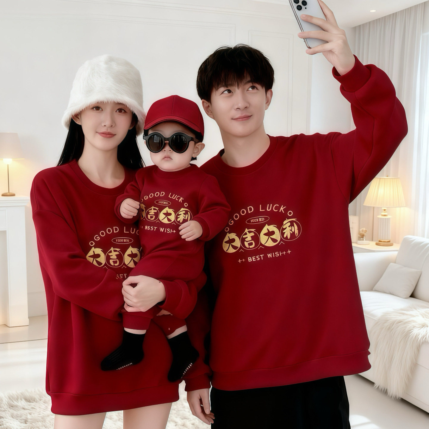 过年亲子装一家三四口加绒卫衣新年红色婴儿拜年服母女全家福冬装