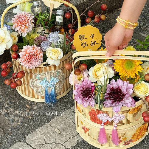 中秋节中式国风刺绣鲜花月饼手提花篮礼盒创意网红节日月饼盒花艺