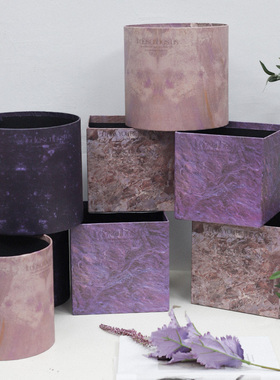 网红紫色璀璨大理石晕染圆形星空花束鲜花抱抱桶插花礼物桶礼品盒