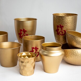 中式年宵花金属花盆金色花器花瓶福桶春节仿真花桶铁艺花瓮花店