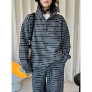 卢浮冬季新款韩系复古慵懒风撞色条纹高领拉链卫衣保暖舒适上衣女