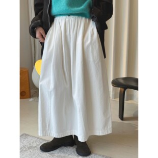 卢浮早春新款韩系简约高腰纽扣松紧立体半身裙宽松显瘦休闲长裙女