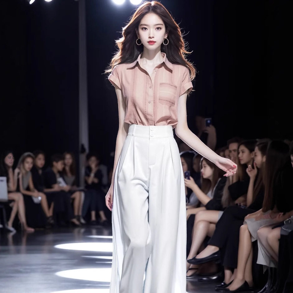 时尚穿搭套装女2025夏新款设计感宽松显瘦短袖衬衣上衣阔腿两件套