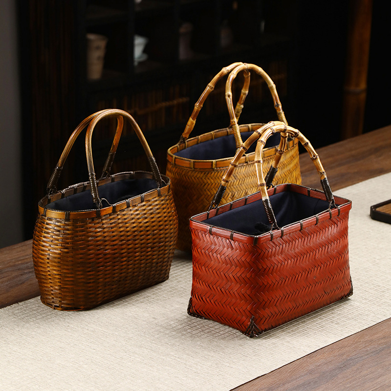 手作竹编包 中式复古禅意茶服 竹篮子 茶艺茶具收纳包 女士手提包