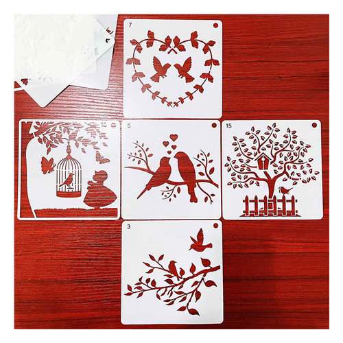 跨境新款飞鸟主题系列PET绘画镂空模板套装DIY花边相册画画模板