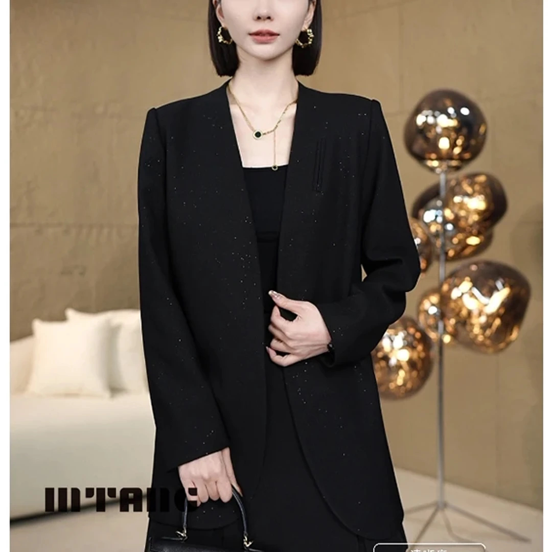 高级感2025春季新款V领气质西服女上衣微闪百搭显瘦西装外套女潮