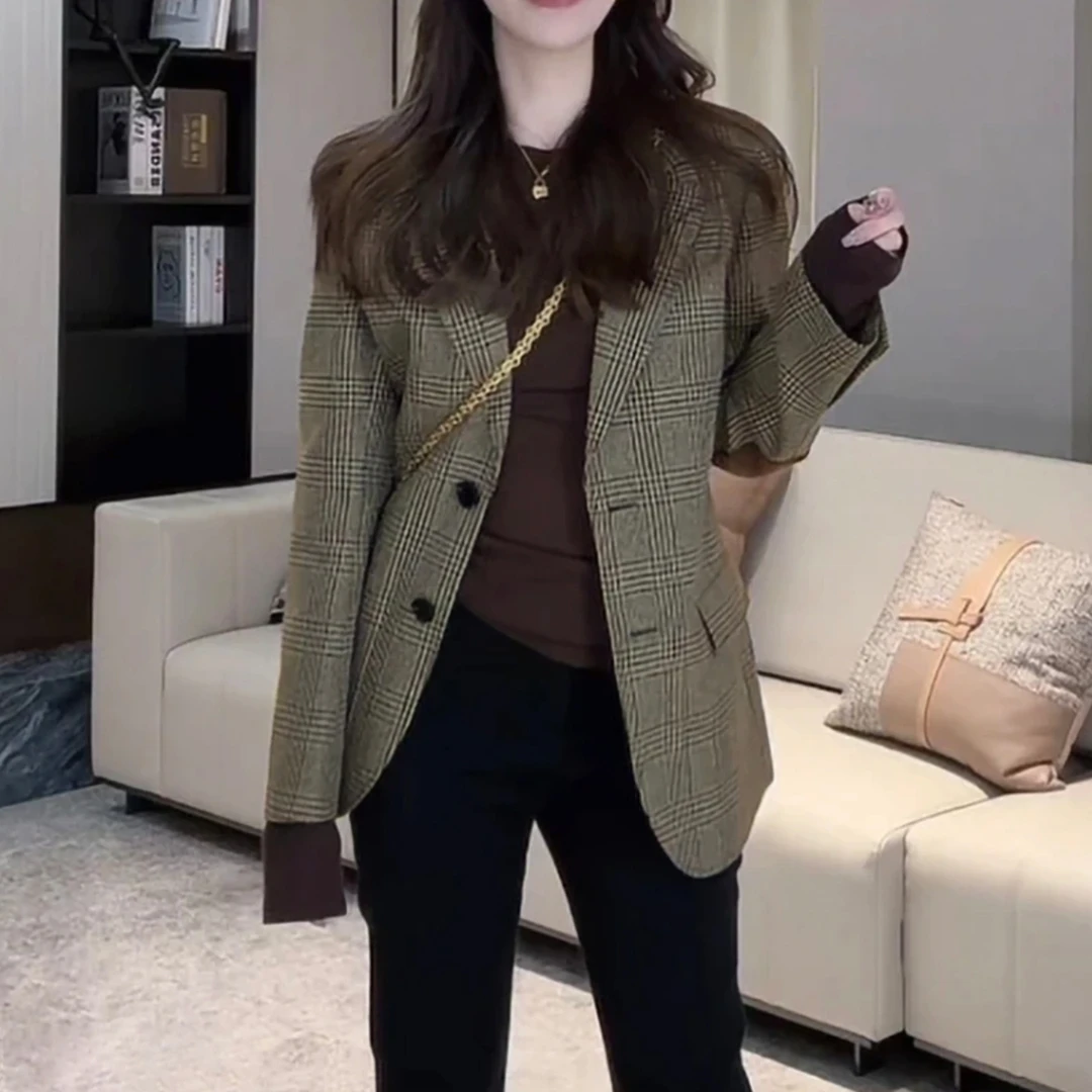 轻奢复古格纹西装外套女时尚气质