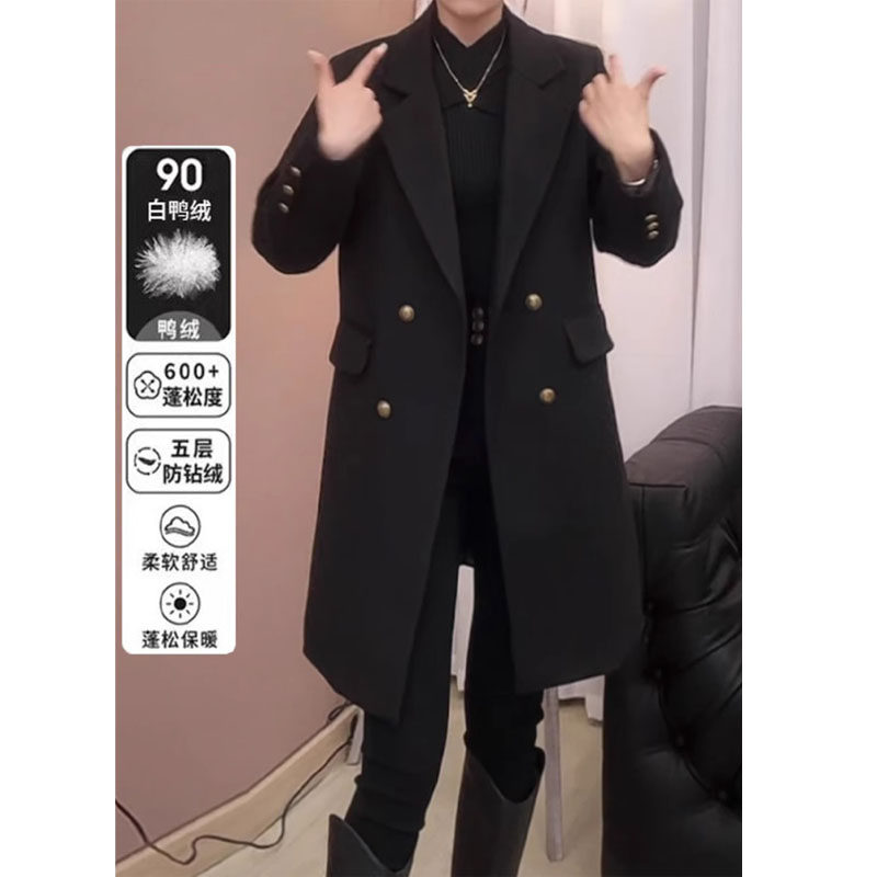 羽绒毛呢西装外套女白鸭绒2025冬季新款时尚保暖中长款呢子大衣女