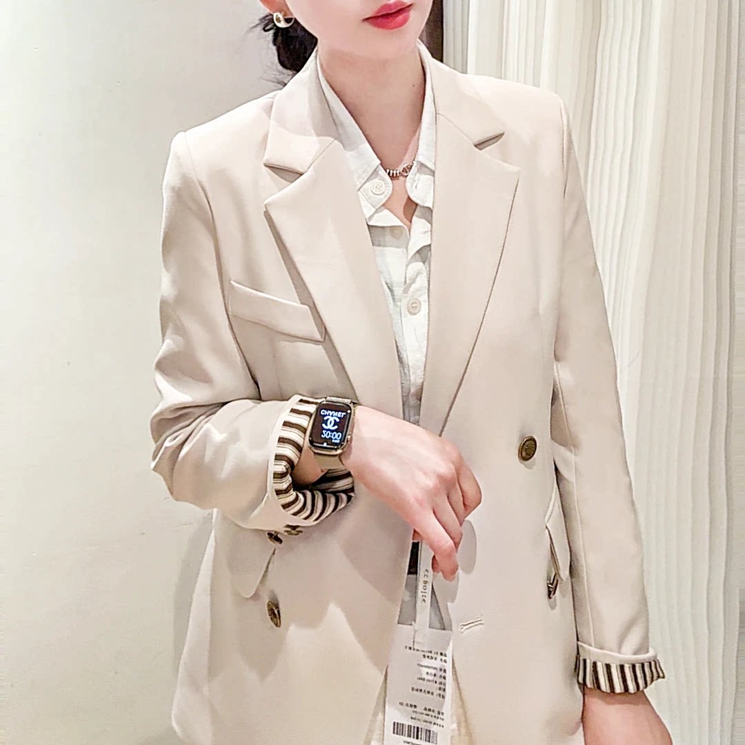 2026春季新款撞色条纹翻袖老钱高智风时装休闲百搭正肩西装外套女