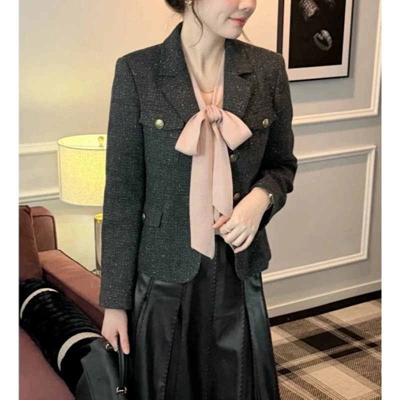 秋季小香风杂色花呢短款西装女