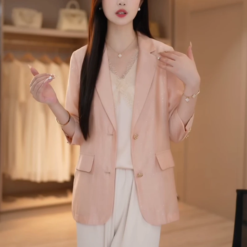 天丝闪闪撒银西装外套春夏季新款时尚休闲气质七分袖防晒西服女
