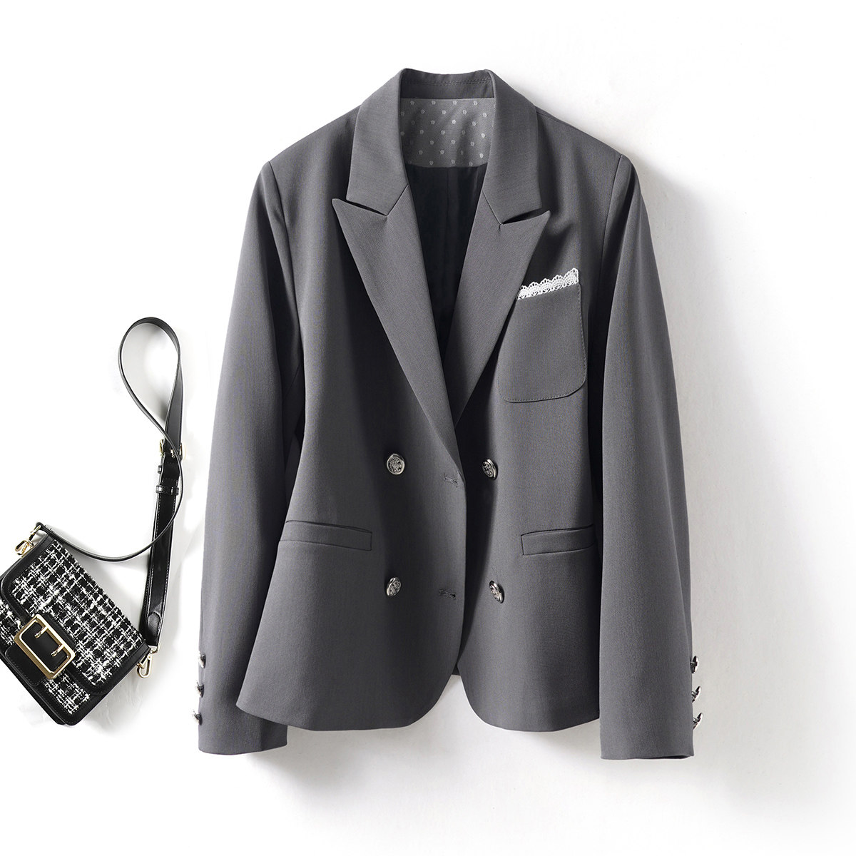 气质休闲小众通勤蕾丝点缀显瘦西装外套2025春季新款小个子女