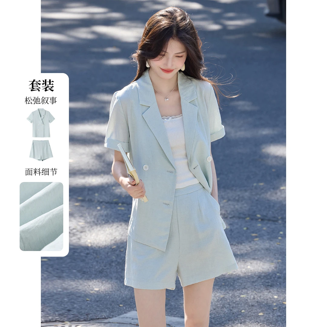 高级感天丝亚麻短袖西装套装女夏季新款时尚显瘦休闲短裤两件套