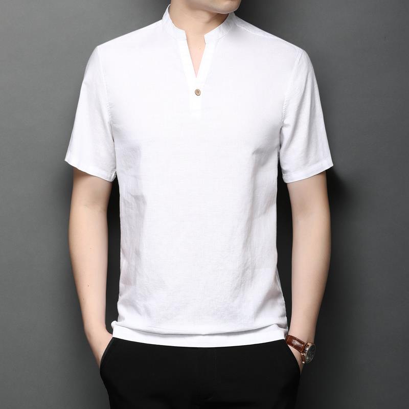 纯色简约立领短袖T恤男士夏季亚麻半袖上衣休闲时尚潮流修身T恤衫