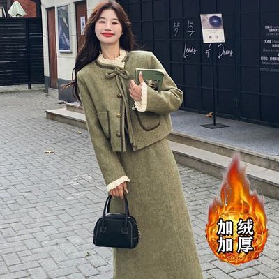 加绒加厚两件套小香风套装2025新款女外套秋冬款半身裙气质两件套