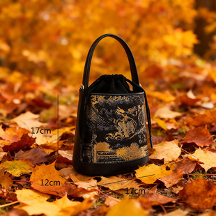 非遗桑蚕丝宋锦手提水桶包汉宫秋月黑色单肩斜挎包新中式手拎女包