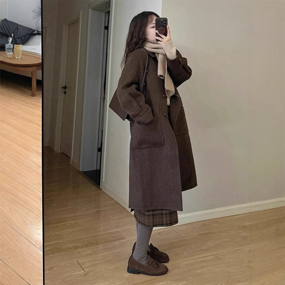 喔歌感呢子大衣女秋冬装新款韩版牛角扣中长款小个子毛呢外套