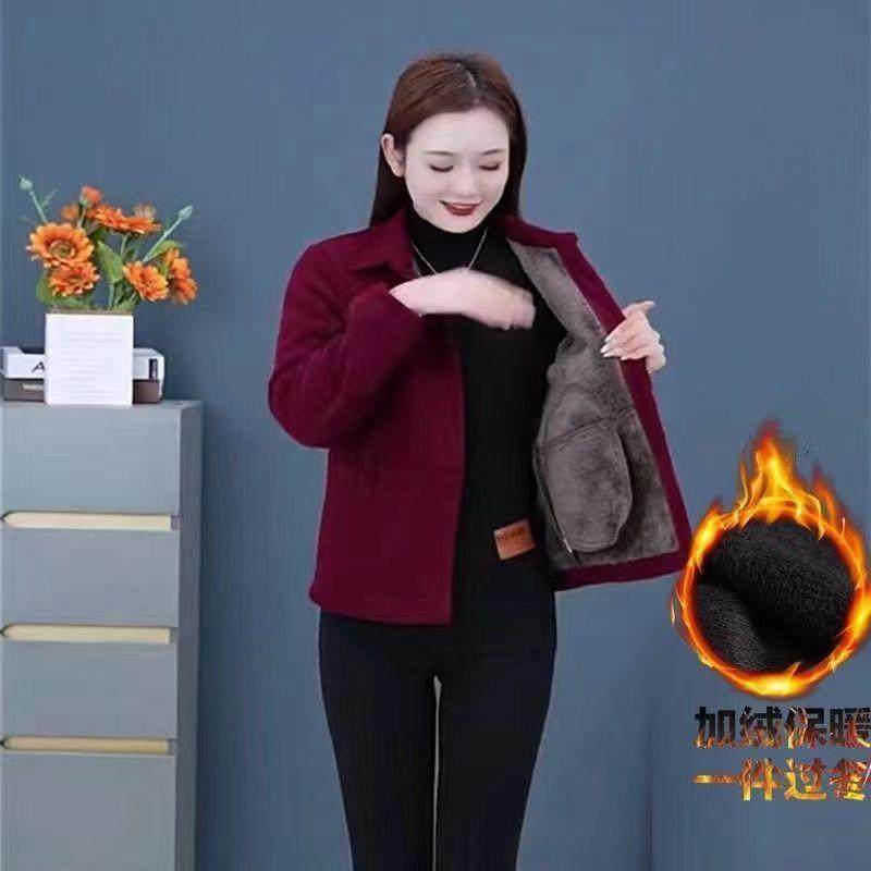 中年女装灯芯绒外套短款上衣新款妈妈装加绒加厚外套百搭大码女装
