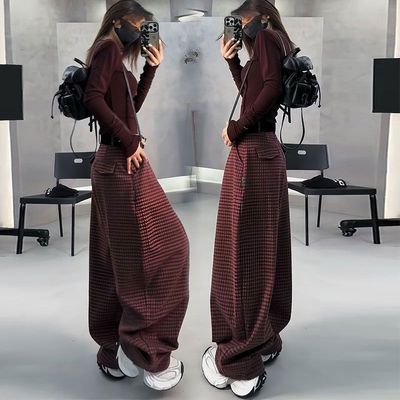 复古格子修身打底裤两件套女秋冬