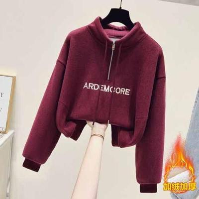 半拉链立领加绒加厚卫衣女秋冬2025新款小个子宽松无帽保暖上衣服