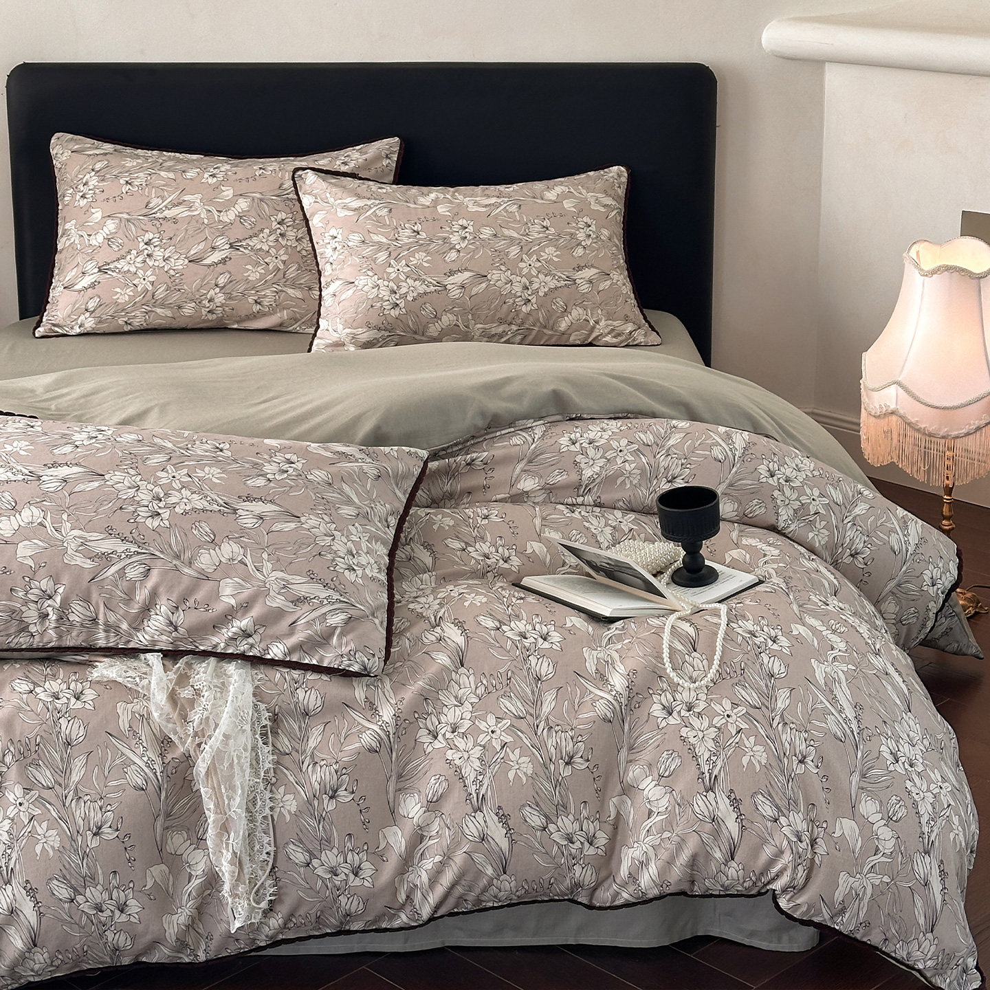 全棉棉麻法式复古田园风花卉工艺款四件套纯棉被套床单床上用品