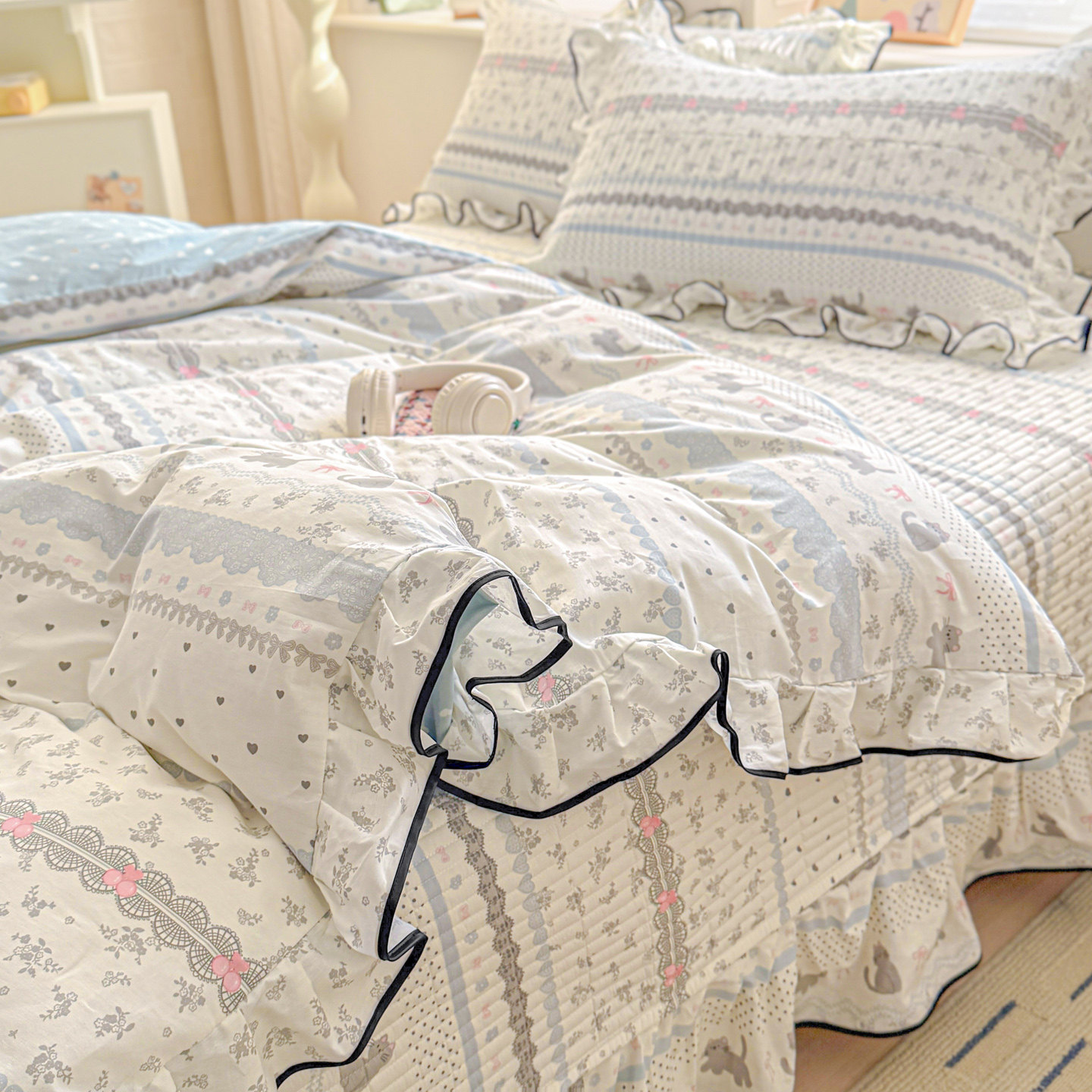 ins全棉A类小清新花边床盖款四件套纯棉萌系卡通被套床单床上用品,床上用品,床品套件/四件套/多件套,淘宝优惠券,粉丝福利购,淘宝优惠卷