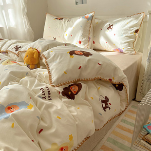 A类全棉三角针贝壳边四件套纯棉萌系可爱卡通被套床单床上用品