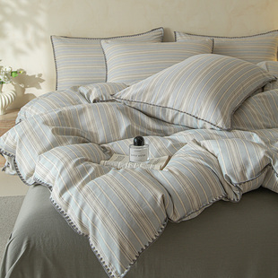 A类全棉棉麻三角针贝壳边四件套纯棉亚麻简约条纹被套床上用品