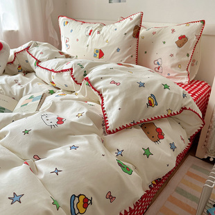 A类全棉三角针贝壳边四件套纯棉萌系可爱卡通被套床单床上用品