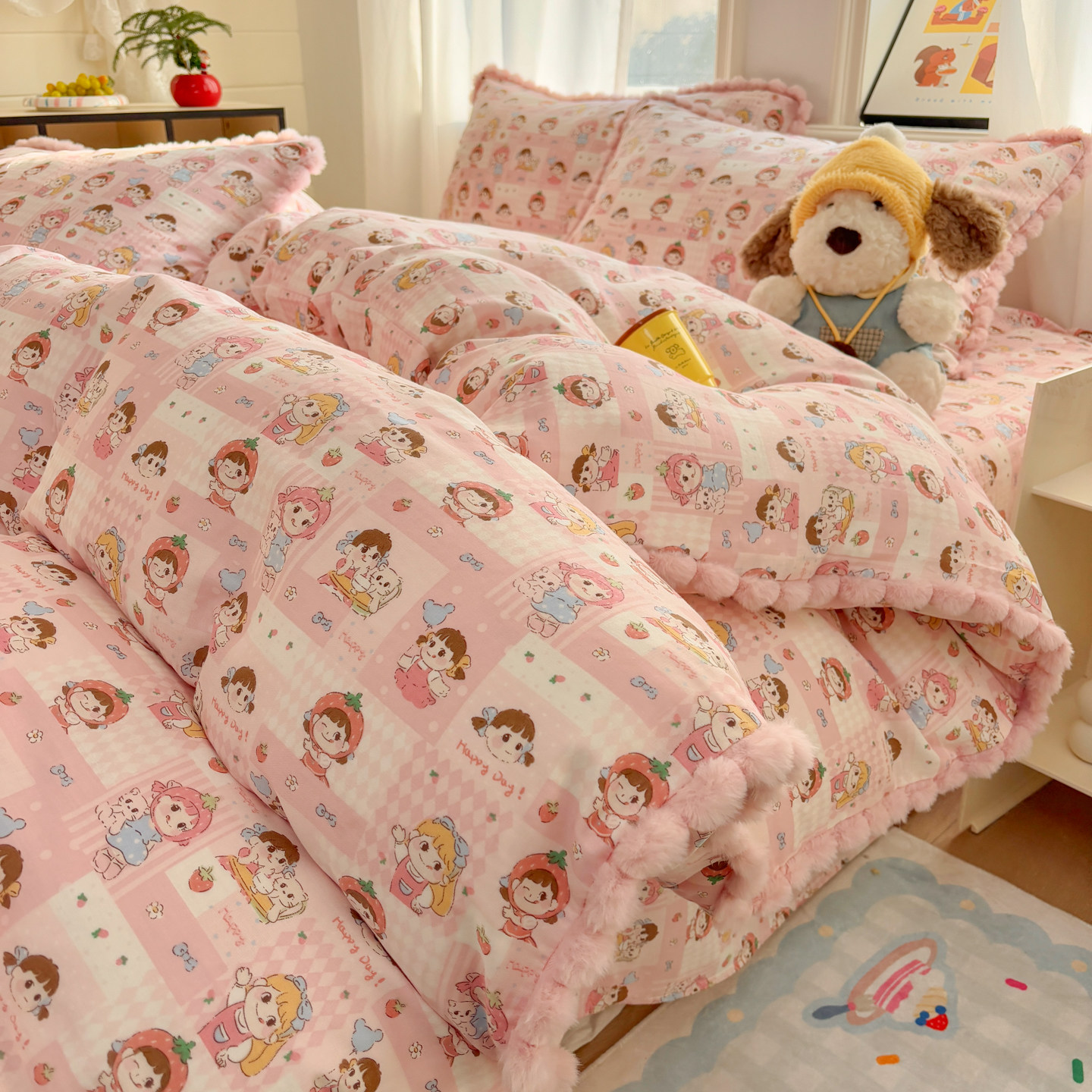 ins萌系卡通A类全棉双层纱绒球花边四件套纯棉儿童被套床上用品,床上用品,床品套件/四件套/多件套,淘宝优惠券,粉丝福利购,淘宝优惠卷