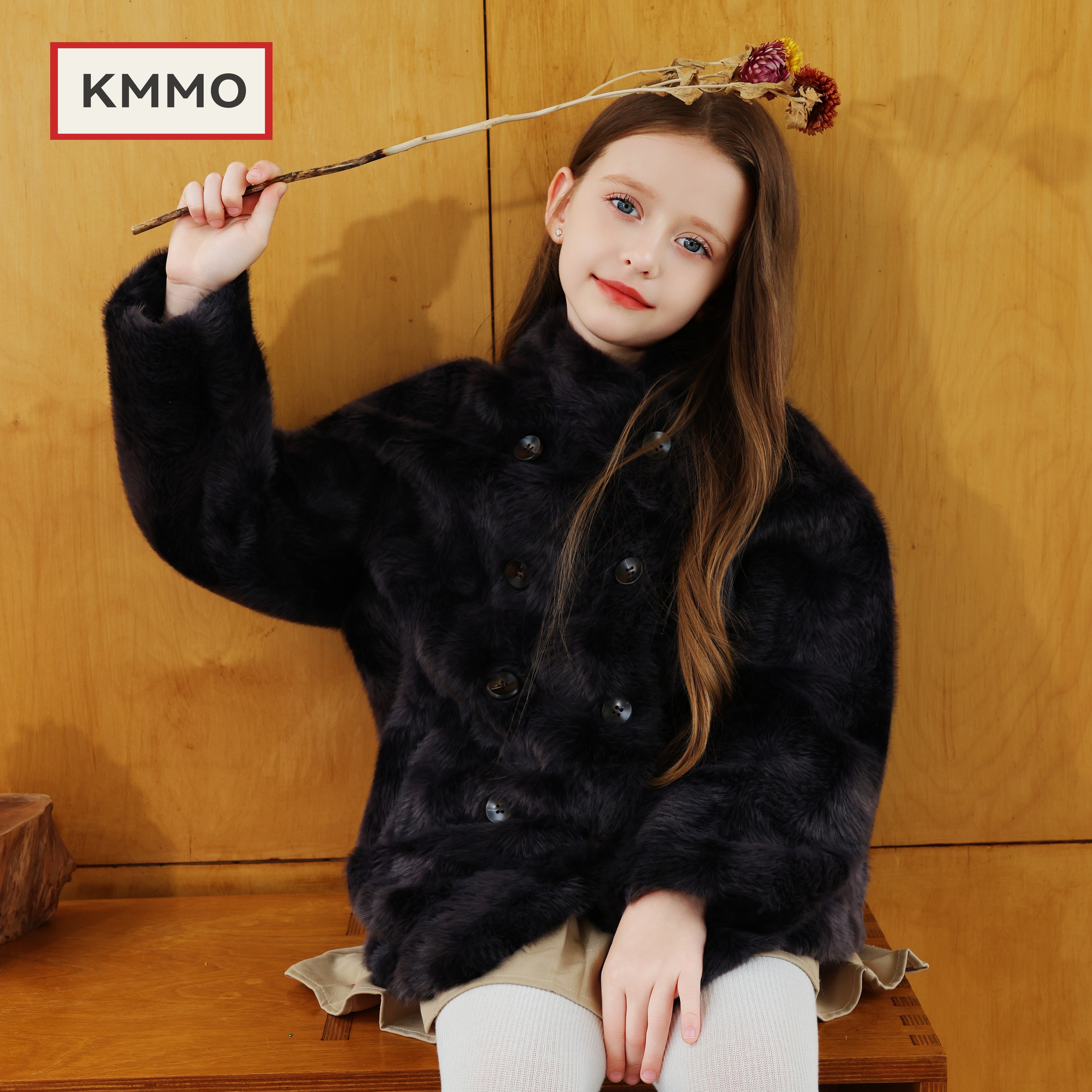 KMMO女童加厚仿水貂毛短款外套