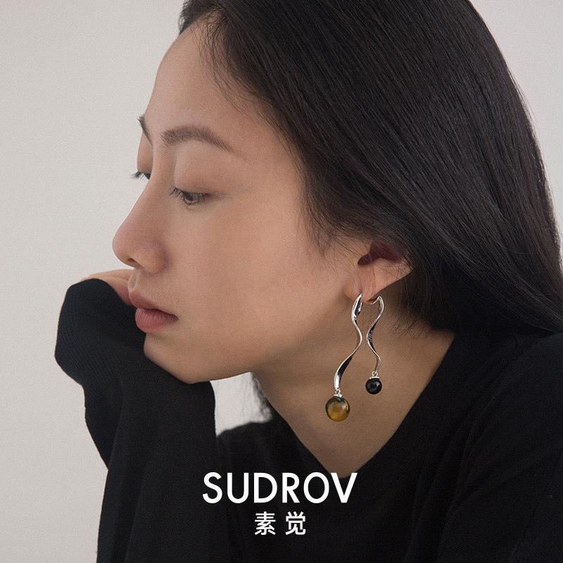 素觉2021年小众设计个性宝石耳环女潮气质耳饰黑玛瑙琥珀耳钉耳坠