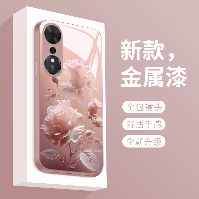 适用荣耀畅玩70plus手机壳雾色玫瑰CW70PLUS新款液态玻璃保护套HONOR镜头全包防摔LOG一AN00潮牌简约创意女款